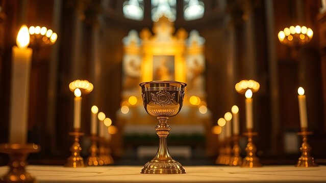 pyx. Golden pyx on church altar illuminated by warm candlelight, shallow depth of field. event programs, museum guides, designed for cultural heritage projects and event programs.