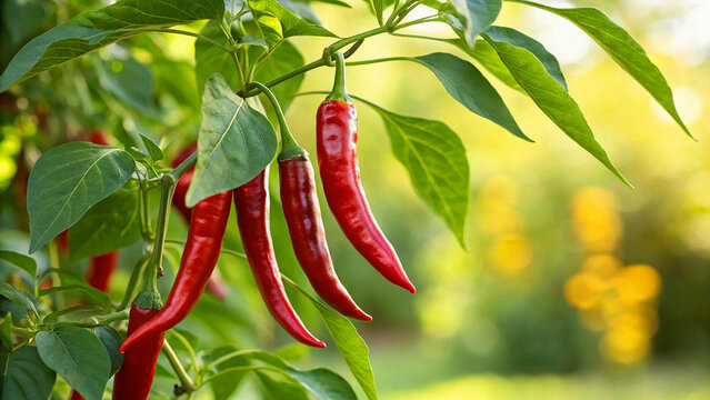 Red Chili in field in natural warm sunlight background
