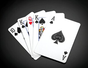 A poker hand shows five playing cards in a royal flush, resting on a black surface. The cards are crisp and clear