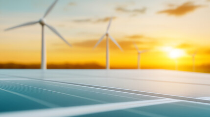 Solar panels gleaming under a vibrant sunset, with wind turbines spinning in the background, symbolizing renewable energy.