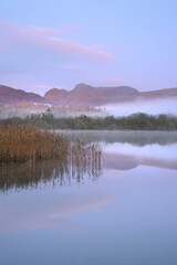 Fototapeta premium The Langdale Pikes mountain range on a beautiful misty morning at Elterwater in The Lake District, UK.