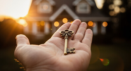 Hand Holding House Key in Front of New Home During Sunset for Real Estate Blogs, Homeownership Awareness, Financing Websites, and Lifestyle Content