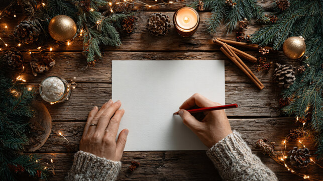 A cozy winter scene features a blank Christmas wish list on a rustic wooden table. Surrounding the list are holiday decorations, soft candlelight, and pinecones, creating a warm, inviting atmosphere