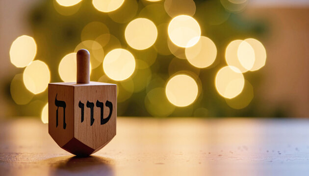 Wooden dreidel spinning on tabletop with bokeh Christmas lights - Concept of Hanukkah  