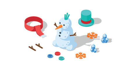 Isometric winter snowman set with accessories scarf, hat, buttons, and snowflakes