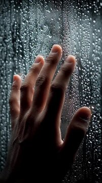 Close-up of a hand touching a rain-soaked window, reflecting loneliness and longin