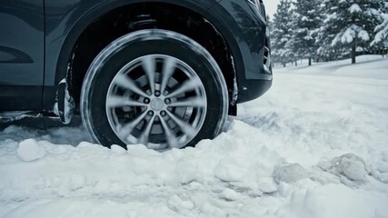 Car wheel spinning while stuck in deep snow. Vehicle struggling for traction on a slippery winter road. Hazardous driving conditions