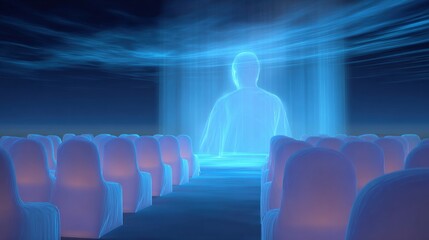 Fototapeta premium Empty auditorium with rows of white chairs facing towards the front of the room. the chairs are arranged in a semi-circle, facing towards a stage where a person is standing.