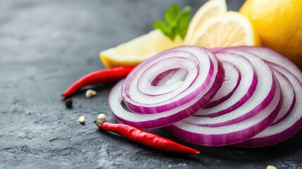 Sliced red onions, red chili peppers, and lemon wedges arranged on a dark stone surface.