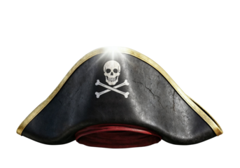Pirate Hat Illustration Skull and Crossbones, Tricorne, Black, Gold Trim, Red Band, Nautical Theme.