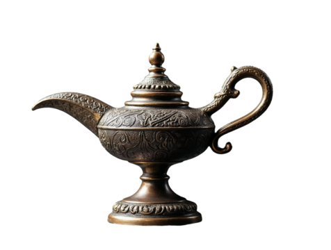 Antique Brass Genie Lamp - Detailed Design, Decoration, Fantasy, Magic, Wishes, Middle Eastern.