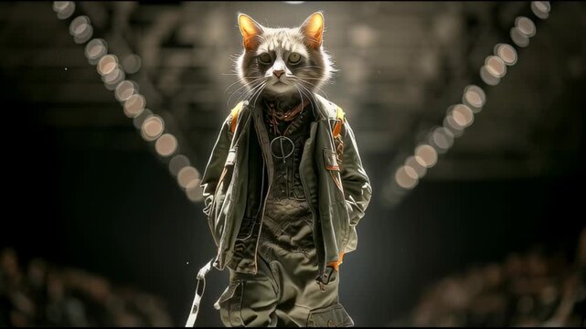 Catwalk fashion show: stylish cat struts down runway in trendy attire with confidence