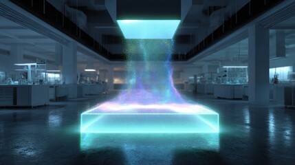 Futuristic laboratory with a large square-shaped structure in the center. the structure is made up of multiple layers of blue and purple lights, creating a rainbow-like effect.