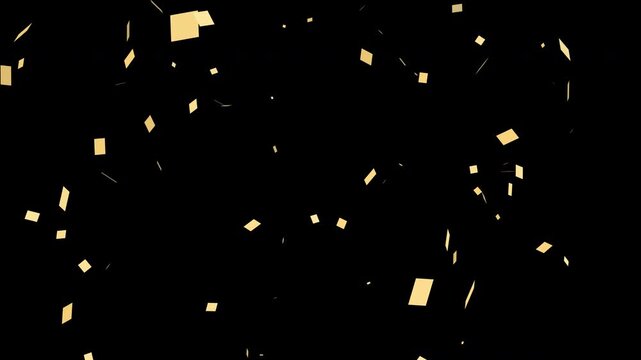 Shiny golden confetti falling from above in loop. Ideal for celebration, holiday or overlay Alpha channel animation, transparent background.