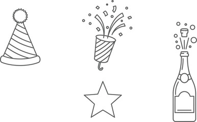 Fototapeta premium Vector art of party hat, cracker, star and champagne