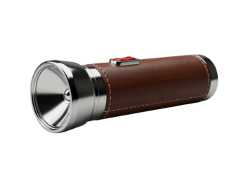 Classic Brown Leather Flashlight with Silver Accents and Red Button, Lighting Equipment