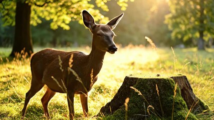 A wild doe standing in a sunlit forest clearing. A female roe deer looks at the camera during a golden hour sunset. Wildlife in its natural habitat - Powered by Adobe