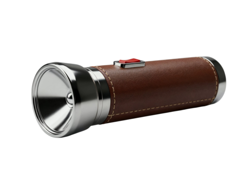 Classic Brown Leather Flashlight with Silver Accents and Red Button, Lighting Equipment