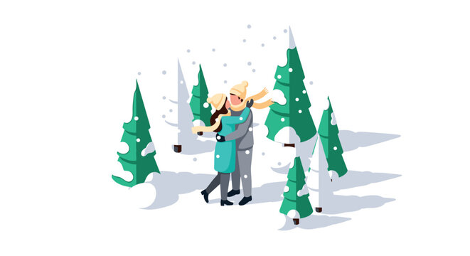 Couple embracing in snowy forest with pine trees and falling snowflakes - Powered by Adobe
