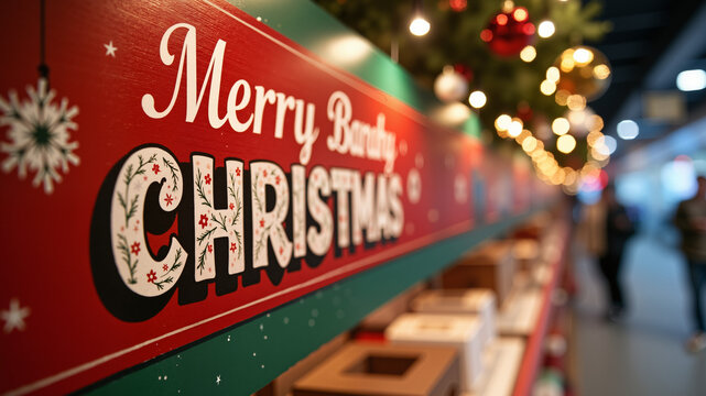 Merry Christmas banner with product display cylindrical shape and festive decoration
