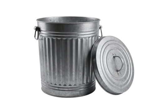Metallic Trash Can with Lid Open - Garbage Bin Isolated for Waste Disposal, Recycling.