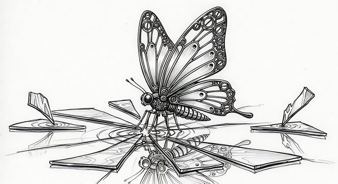 Intricate Steampunk Butterfly on Shattered Reflective Surface with Water Ripples, Transparent Background
