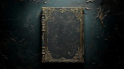 Vintage Blank Black Book Cover with Ornate Gold Filigree on a Dark Textured Background