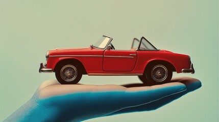 Vintage Red Convertible Toy Car Resting Delicately in the Palm of a Hand Against a Soft Teal Background.