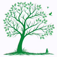 Green tree with birds and person sitting in the grass art