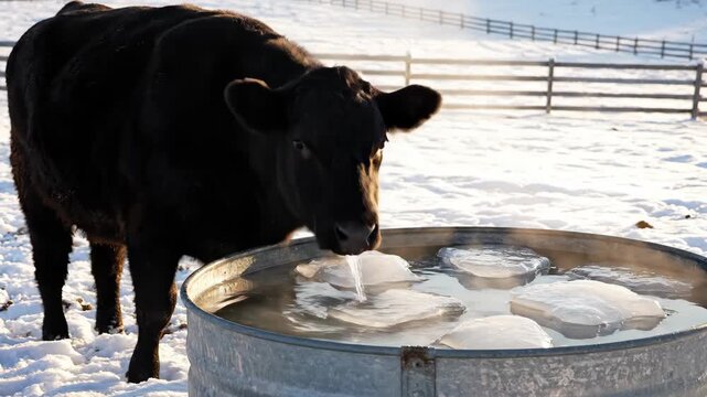 A thirsty black cow drinks from an icy water trough on a cold winter day. Steam rises from the water in a snowy farm field