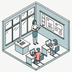 Isometric view of classroom with teacher and two students