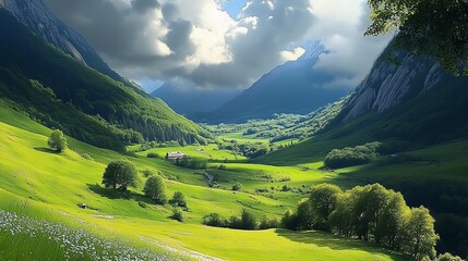 Stunning Landscape of a Lush Green Alpine Valley Surrounded by Steep Mountains Under a Dramatic Sky.