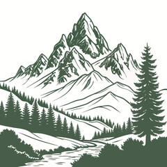 Illustration of a mountain range with a river and trees