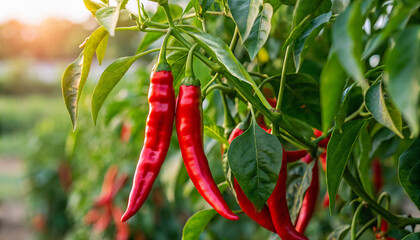 Red Chili growing in field, Red Chilies growing in field in natural warm sunlight background