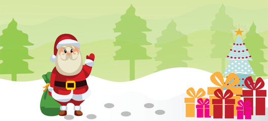 Cute Santa Claus with Gift Boxes in Winter Forest Christmas Background