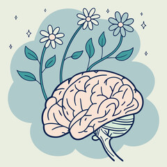 Brain with flowers growing out of it on a cloudy background