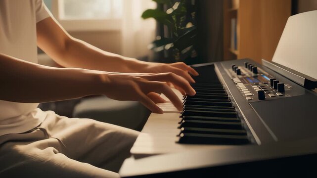 Young Man Wakes Up and Plays Keyboard at Home in Bedroom