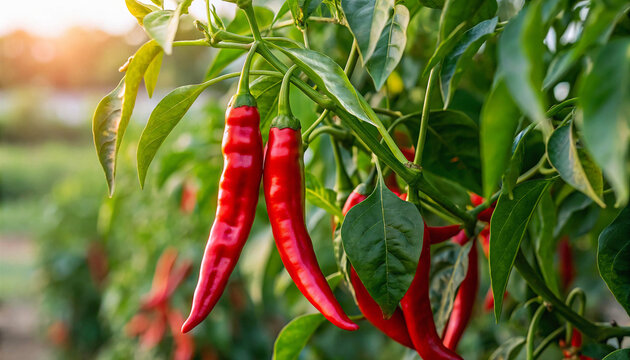 Red Chili growing in field, Red Chilies growing in field in natural warm sunlight background - Powered by Adobe