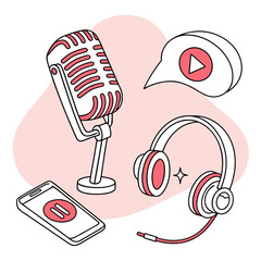 Illustration of podcasting equipment with microphone and phone