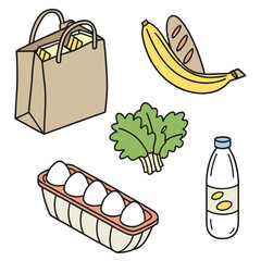 Illustration of a grocery bag with food items scattered near