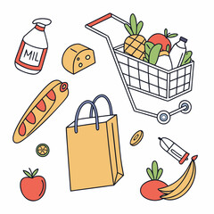 Illustration of a shopping cart and various grocery items