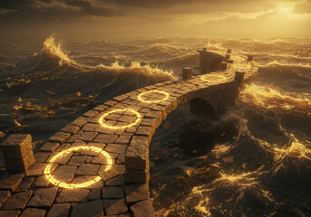 A stone bridge with glowing circles crosses tumultuous ocean waters under a dramatic sunset.