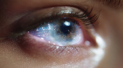 Close-up of a person's eye. the eye is the focal point of the image, with the iris being the main focus. the iris is a deep blue color, with a pattern of small white dots scattered across it.