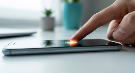 Digital Payment Security, a finger tapping a smartphone screen, bright glowing interaction on a modern desk, ensuring safe online banking