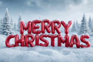 Festive "Merry Christmas" Red Balloons in a Snowy Winter Landscape with Forest Background