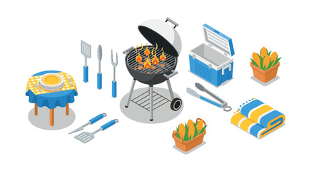 Isometric summer barbecue setup with grill, cooler, and picnic accessories