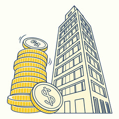Stack of coins with dollar signs and a building in the back