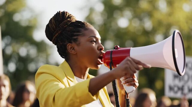 Passionate african american woman leading a demonstration, shouting slogans into a megaphone and gesturing emotionally to a crowd of protesters fighting for human rights and social justice