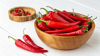 Red chilies in wooden bowl on white table in kitchen