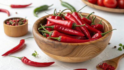 Red chilies peppers in wooden bowl on white table in kitchen